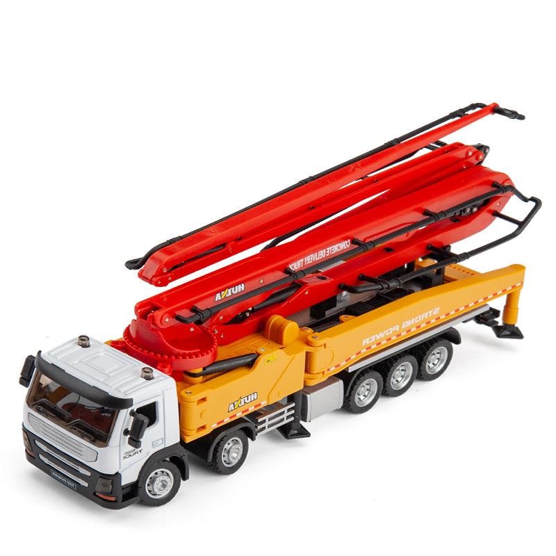 Huina 1709 Alloy Diecast Concrete Pump Truck with extendable red boom arm and realistic detailing, ideal for collectors and kids from HugmieToys.